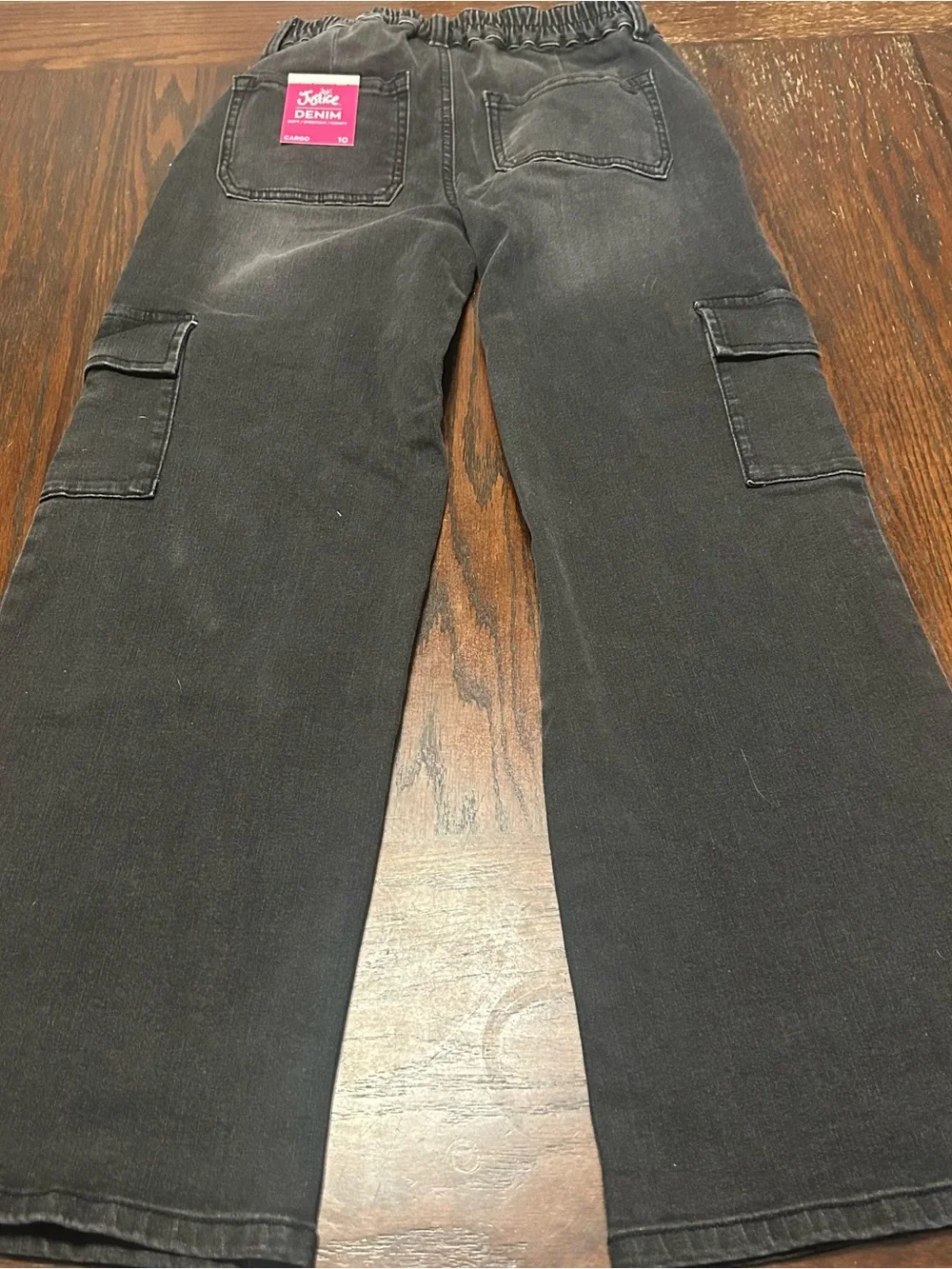 NWT Justice Girls Size 10 Black Denim Cargo Wide Leg Jeans Belted Y2K